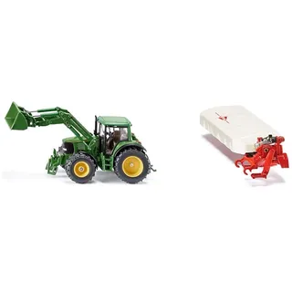 Siku 3652, John Deere Traktor mit Frontlader, 1:32, Metall/Kunststoff & 2456, Kuhn Heckmähwerk, 1:32, Metall/Kunststoff, Weiß/Rot, Kompatibel Standard-Heckkupplung