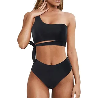 Damen Bikini Set Rüschen One Shoulder Bikini High Waist Bauchweg Bademode Zweiteiliger Badeanzugy Split-Bikini-Badeanzug mit hoher Taille für Frauen(Schwarz, L)