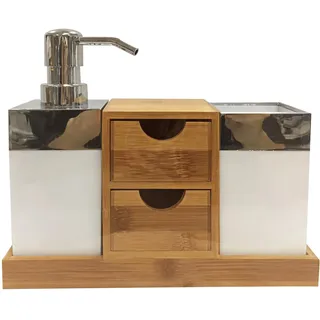 MSV Badezimmerzubehör-Set 3 teilig mit Seifenspender und Zahnbürstenhalter aus Bambus und Edelstahl Bad Accessoires Set mit Schubladen