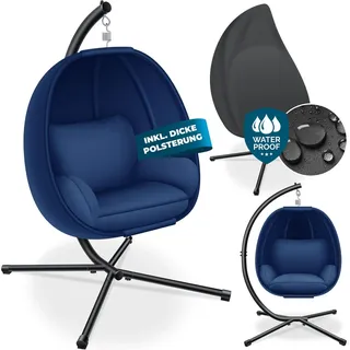 KESSER® Luxe Hängesessel mit Gestell + weicher Sitzkissen, Seitenpolsterung, Sitz- und Rückenkissen Hängekorb Indoor & Outdoor, Garten Schaukel Korb Hängestuhl Stabiler Standfuß, max. 150 kg - Blau