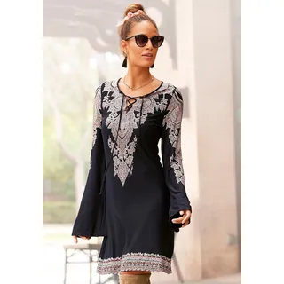 LASCANA Jerseykleid "mit Bordürendruck und Schnürung am Ausschnitt" Ohne Taschen lockeres Sommerkleid, Viskosekleid mit weiten Ärmeln, Boho-Kleid, schwarz, bedruckt