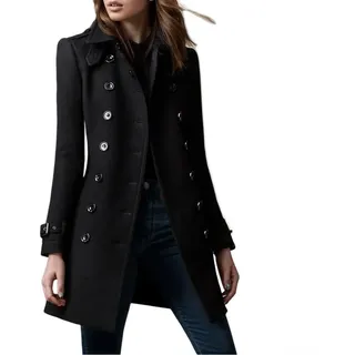 Damen Wollmantel für Herbst Winter Casual Fashion mit zweireihigem Design (L Schwarz)