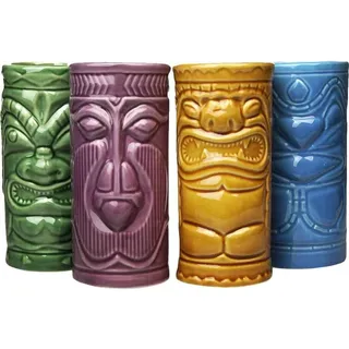 4 einzigartige Tiki-Becher aus Keramik, mehrfarbig, Höhe ca. 14,5 cm, Ø 6,5 cm