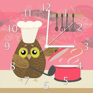 Wallario Design Wanduhr Lustige Eule beim Kochen mit Kochmütze aus Echtglas, Größe 30 x 30 cm - Rot