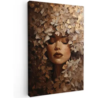 MuchoWow Leinwandbild Gesicht - Dame - Blätter - Pinselstriche Wanddeko Schlafzimmer 60x90 cm , Goldfarben , Textil , Kiefer , Abstrakt , Rechteckig , 60x90 cm , FSC 100% , gerahmt , Bilder & Rahmen, Bilder, Leinwandbilder