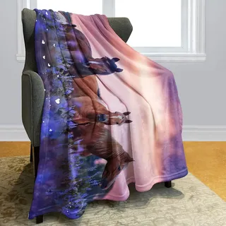 Violetpos 150 x 200 cm Flanell Decke Weich Fleecedecke Kuscheldecken SanftBettüberwurf Lila Lavendel 3 Pferde Sonnenuntergang