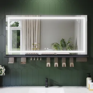 SONNI Badezimmerspiegel 120 x 60 cm, dreifarbig, dimmbar, RA90, beschlagfrei, mit multifunktionaler Ablage - Schwarz