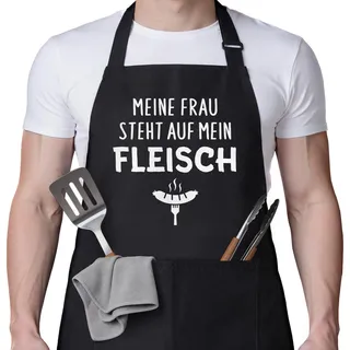 Grillschürze für Ehemann „Meine Frau steht auf mein Fleisch“ Polyester 68×78 cm lustige Schürze Geschenk für Männer Valentinstag Hochzeitstag Geburtstag Grillgeschenk Grillmeister BBQ Zubehör