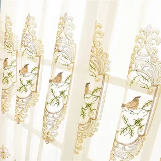 SLOW SOUL 2er Set Gestickte Vögel Gardinen für Wohnzimmer Schlafzimmer Esszimmer Gardinen High End Gardine mit Stangentasche beige Tüll 124 x 213 cm (B x H)