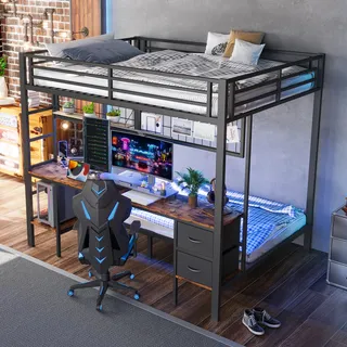 okwish Hochbett 140x200 mit Matratze, Jugendbett mit Schubladen&Schreibtisch und Eisenrahmen,Bettgestell mit 7-farbiger LED-Leiste, USB-Anschluss,schwarz - Schwarz