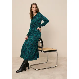 Maxikleid TAMARIS, Damen, Gr. 34, N-Gr, grün (petrol schwarz gemustert), Jersey, Obermaterial: 95% Viskose, 5% Elasthan, gemustert, figurbetont lang, Rundhals, gesmokt, Kleider Maxikleid, aus Jersey-Material, für Casualmode und Herbstmode, feminin