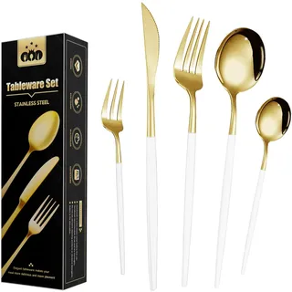 Wivico 30-Teilig Besteckset Gold,Besteck Set 6 Personen,Geschirrset,Cutlery Set,18/10 Tafelbesteck Essbesteck,Esslöffel,Teelöffel,Messer/Gabel/Löffel/Dessertlöffel/Dessertgabel,SpüLmaschinenfest