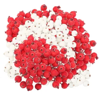 YOLOUP 400pcs künstliche Mini Holly Beeren Frosted Beerenblume Winter Kranz Dekor Weihnachtsdeko Weihnachtskranz Beerenzweige für Weihnachtsbaum Dekoration Hochzeit Geburtstag Party (rot+Silber)