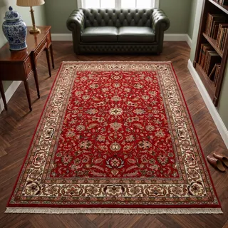 Orientteppich THEKO "Benares Isfahan, handgeknüpft" Gr. 1, rot, B:40cm H:12mm L:60cm, Schurwolle, Teppiche, Orientteppich, reine Wolle, mit Fransen, Wohnzimmer