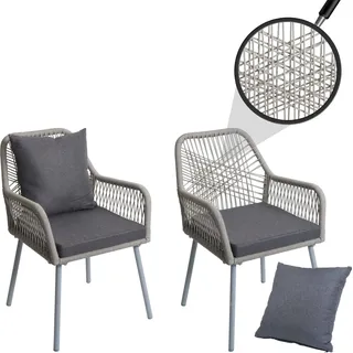2er-Set Gartenstuhl HWC-O12, Outdoor Sitz-/Rückenpolster Aluminium Seilgeflecht Rope grau, Bezug dunkelgrau - Grau