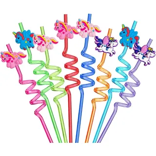 VerteLife 8 Stück Wiederverwendbare Strohhalme Einhorn-Plastiktrinkhalme Neuartige gewellte Strohhalme Party Trinkhalme – 8 Stück, Einhorn