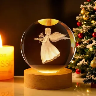TaimeiMao Kristallkugel Nachtlicht, 60mm Engel Glaskugel Deko, Weihnachtsdeko 3D Glaskugel Lampe Deko Briefbeschwerer mit Holzsockel und USB, Crystal Ball, Weihnachts Zuhause Deko für Geschenk