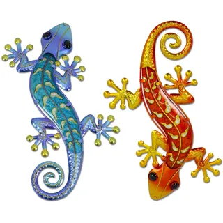 HONGLAND Metall-Gecko-Wandkunst, 38,1 cm, Eidechse, Outdoor-Dekoration, hängende Glas-Skulptur, 2 Stück, Gecko-Wandkunst-Dekorationen für Garten, Zaun, Zuhause