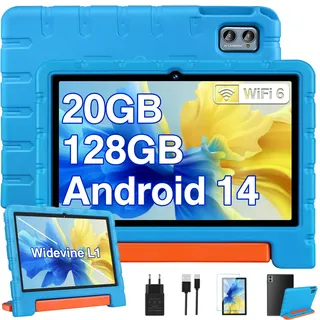 ZIOVO 2024 Kinder Tablet 10 Zoll Android 14 Tablet, 20 GB RAM+128GB ROM(TF 1TB), WiFi 6, Octa-Core, Widevine L1, Kindersicherung, 6000mAh, BT 5.0, GMS Certified Kids Tablet mit Eva Case - Blau