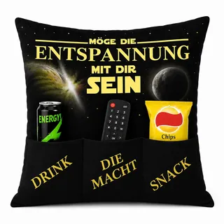KAMACA Entspannungskissen mit Spruch und Taschen für Snacks - lustiges Geschenk für Mann und Frau - Wichtelgeschenk (Entspannung)