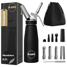 B-ARS Sahnespender–Professioneller Sahnesyphon Aluminium 500 ml, mit Edelstahl-Cream Dispenser-Sahne Sprühflasche-Schlagsahnebereiter-Düsen und Aufbewahrungstasche
