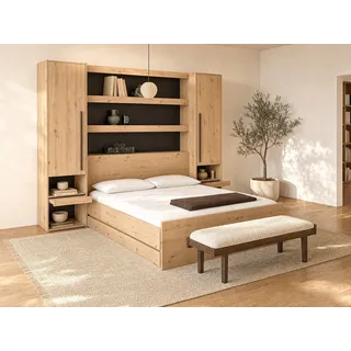 Bett mit Bettkasten & Überbau + Matratze - 140 x 190 cm - Holzfarben & Schwarz - LUDARO