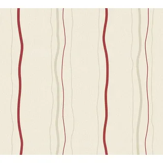A.S. Création Vliestapete 10,05 m x 0,53 m mit glänzenden Akzenten - Creme, Rot, Beige - strukturierte Streifentapete Made in Germany - 958731