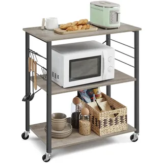 VASAGLE Küchenregal auf Rollen, Servierwagen, 3 Ebenen, Küchenwagen, für Mini-Backofen, Mikrowellen, Metallrahmen, 6 Haken, 40 x 80 x 89 cm, Greige meliert-tintenschwarz KKS067K02