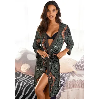 Kimono LASCANA, Damen, Gr. 32/34, bunt (braun, gemustert), Viskose, bedruckt, mehrfarbig, Kurzform, Hausmäntel Kimono, mit Bindegürtel