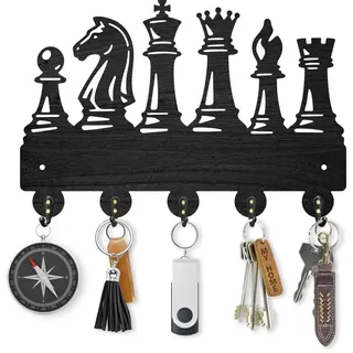 MAYJOYDIY Schlüsselanhänger Aus Holz Mit Schachfiguren 30×20cm König Und Dame Dekorativer Wandhaken Vintage Wand Montierte Schlüsselhaken Mit 5 Haken Für Eingangsbereich Haustür Küche Bürodekoration