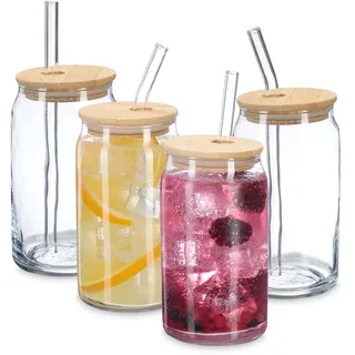 Relaxdays Trinkgläser mit Bambusdeckel & Strohhalm, 4er Set, 450 ml, Gläser für Eiskaffee, Smoothies, transparent/Natur