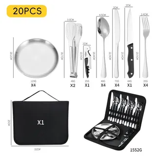21er Set Edelstahl Besteckset mit Tasche Camping Besteck Reisebesteck Outdoor Picknick Set rostfrei Silber - Silber