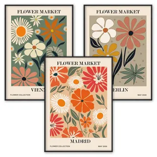WBdesignz Poster Set Flower Market Vienna Madrid Berlin Wandbilder Wohnzimmer Bilder Schlafzimmer Wandbild Vintage (DIN A3 ohne Rahmen)