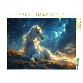 CALVENDO Puzzle Anmut im Sternenlicht: Das weiße Einhorn auf der Nachtwiese | 2000 Teile Lege-Größe 90x67cm Foto-Puzzle für glückliche Stunden