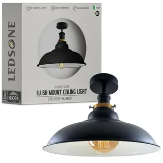 LEDSone Industrial Vintage Semi Unterputz Deckenbeleuchtung Deckenlampe Metall Schüssel Form Downlight Rot Lampenschirm Wohnzimmer Innen Dekoration E27 Sockel (Schwarz, innen weiß)