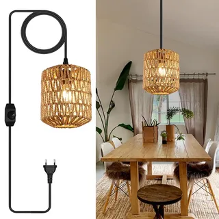 Hängelampe mit Stecker Boho Lampe Pendelleuchte Bambus Lampenschirm 5m Kabel Umgebungslicht Nachtlicht Deckenleuchte Schlafzimmer Küche Esstisch Deko - Bronze
