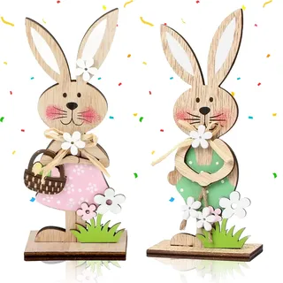 TZQFROCE 2 Stück Osterhase Deko aus Holz Deko Aufsteller für Ostern Osterdeko Holz Hase Aufsteller Oster-n Hase für Drinnen Draußen Tischdekoration Garten Oster-n Frühling Dekoration