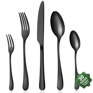 BEWOS Besteck Set Schwarz - 30-teiliges Schwarzes Besteck für 6 Personen aus Spülmaschinenfestem Edelstahl, inklusive Messer, Gabeln und Löffeln