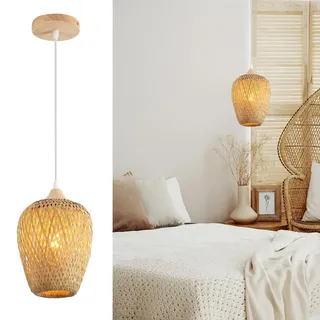 Schindora Lampenschirm Bambus Und Holz Boho,Handgewebt Doppelschicht Pendelleuchte Esstisch Vintage KüChe Lampe Dekor Eine-Licht HäNgelampe FüR Schlafzimmer Kronleuchter Wohnzimmer