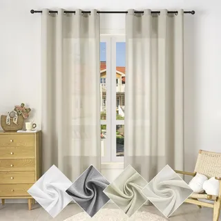 WOLTU Gardine mit Ösen, Vorhang für Wohnzimmer Schlafzimmer, Leinenoptik, Halbtransparent, modern, 135 x 175 cm, Sand