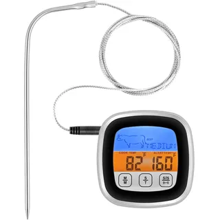 Alaoo BBQ Digitales Thermometer mit 5 Garstufen, Barbecue Thermometer in Weiss, Fleischthermometer, LED-Touchdisplay Digitales BBQ Thermometers mit Timer zum Grillen und Kochen