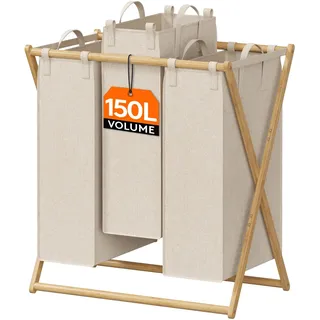 Lifewit 3 Fächer Faltbare 150L Wäschekorb Großer Bambus Frame Wäschesammler Wäschesack Faltbare Schmutzige Kleidung Sorter mit 3 Abnehmbaren Taschen,Wäschesortierer Bambus Beige