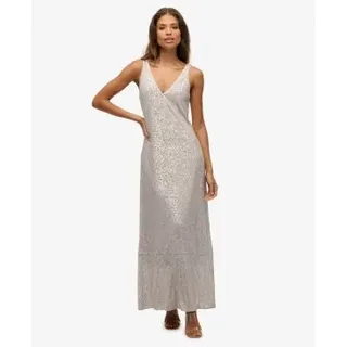Superdry für Damen. W8011995A Pailletten-Kleid silber (S), Party, Polyester, Ärmellos / Hosenträger