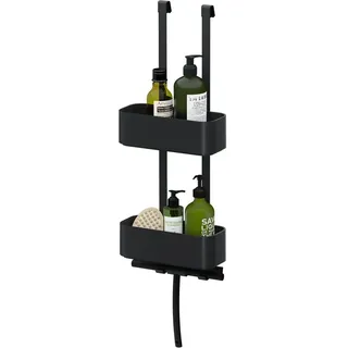 Tiger 2-Store Duschkorb doppelt, Duschablage ohne Bohren, zum Hängen auf die Duschwand, Duschregal mit Ablage für Duschgel & Co., mit integriertem Haken, Edelstahl, Kunststoff, Farbe: Schwarz