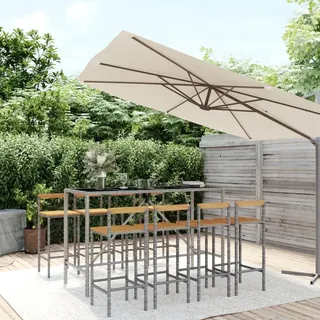 The Living Store 9-tlg. Gartenbar-Set Grau Poly Rattan & Massivholz Akazie - Grau