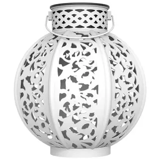 Weiße Vintage-Solarleuchte, klassisches und robustes Design, ideal für die Dekoration von Gärten und Terrassen mit Umgebungslicht.