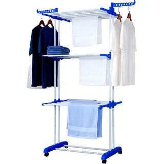 Turm‐Wäscheständer ca. 18 m Wäscheleine – 3 Ebenen, 6 Flügel, 24 Stangen, 2 Seitenflügel, mobil, klappbar für Innen & Außen, 76 x 64 x 170 cm - Blau