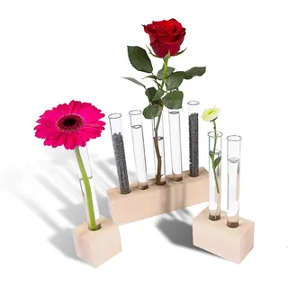 Tuuters Reagenzglas Vasen Set aus Holz, 3 Halter, 8 Gläser mit Korken | Reagenzglashalter aus Buche: Schmale Reagenzgläser mit Ständer, Halterung für Glücksbambus, Pflanzen Stecklinge Anzucht