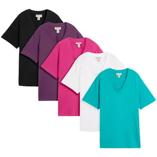 Longshirt BONPRIX "Weites Long-Shirt mit V-Ausschnitt, Kurzarm (5er Pack)", Damen, Gr. 36/38 (S), smaragd, weinbeere, mittelfuchsia, weiß, schwarz, Jersey, Obermaterial: 100% Baumwolle, mehrfarbig, unifarben, loose fit normal, V-Ausschnitt, gerader Abschluss, Shirts Longshirt, lockere Passform, Kurzarm, mit V-Ausschnitt, unifarben, Topseller