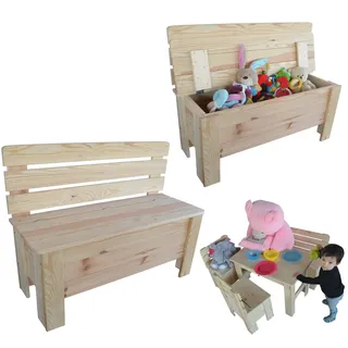 Kinder Sitz Bank Holz für Garten mit Deckel Truhe Spielzeug naturbelassen a*